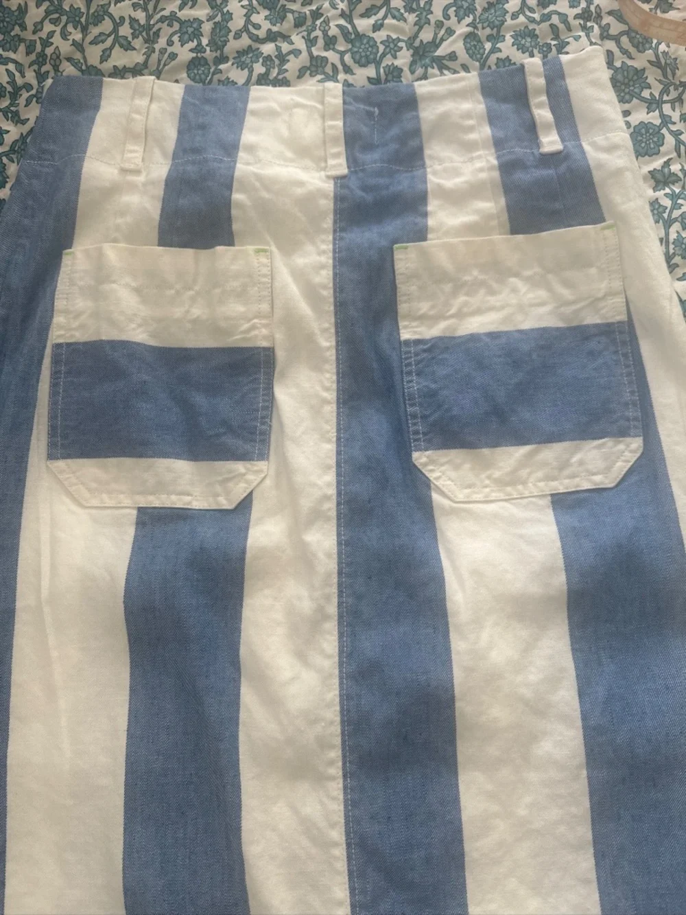 Anthropologie Colette Linen Maxi Skirt Stripes Patch Pockets Blue Slit Sz Medium - Picture 8 of 11